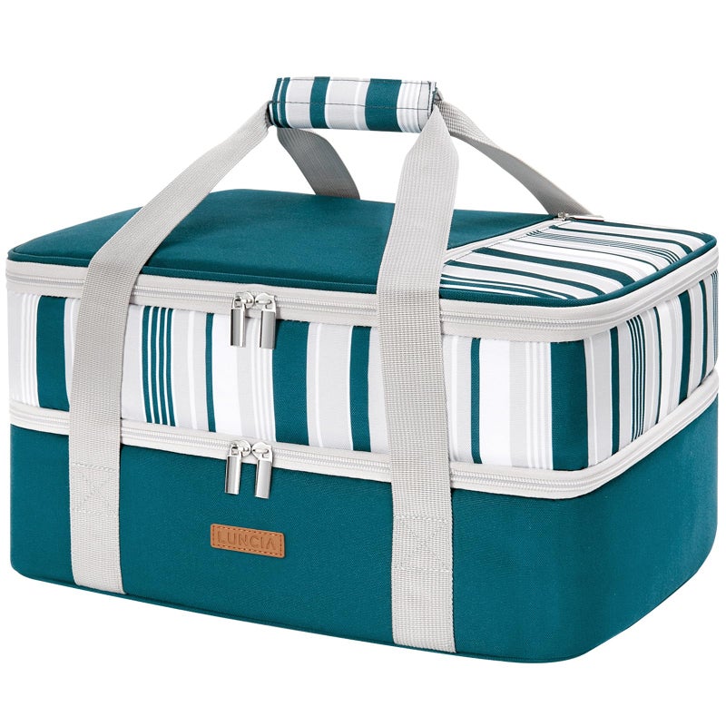 LUNCIA Double Decker Insulated Casserole Carrier for Hot or Cold Food, Lasagna Holder Tote for Potluck Parties/Picnic/Cookouts, Fits 9"x13" Baking Dish, Green - Image 1